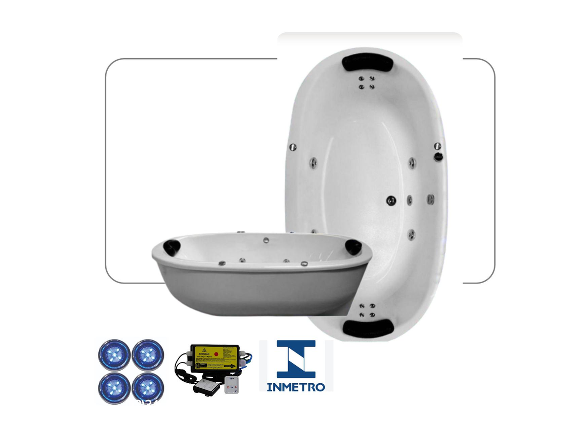 Banheira Dupla Luxo Dubai 1,90x1,05 C/ Aquecedor + Cromo 2 Pts Acrílico Lineaplas